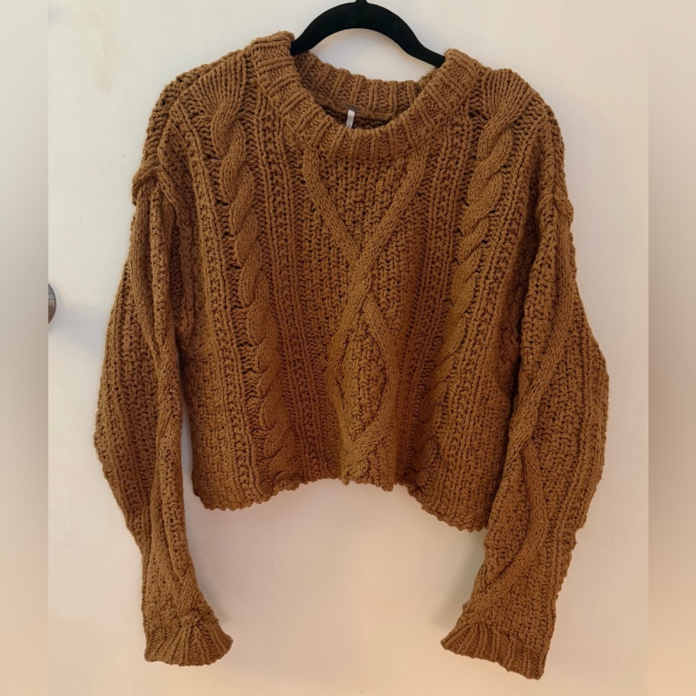 Free People Cropped Cable Knit Sweater - Tan